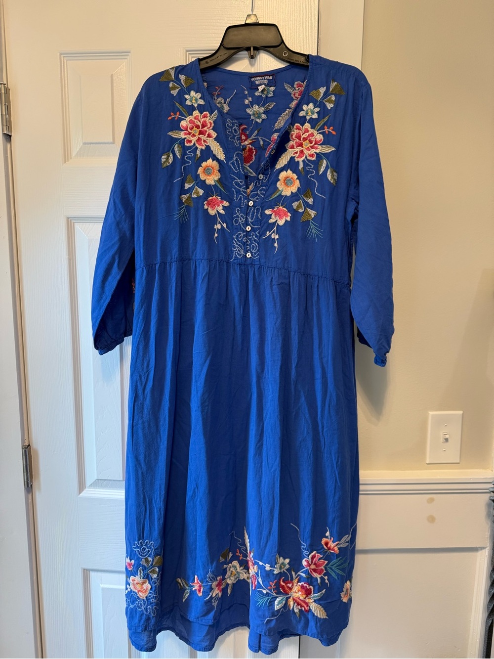 JOHNNY Was Embroidered Floral Blue Cotton Long Sleeves MIDI DRESS Size L EC1